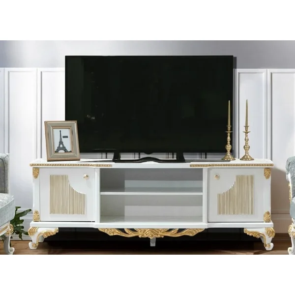 Casa Padrino armadio TV barocco di lusso bianco / oro - Credenza fatto a mano in legno massello con 2 ante - Mobile da soggiorno barocco
